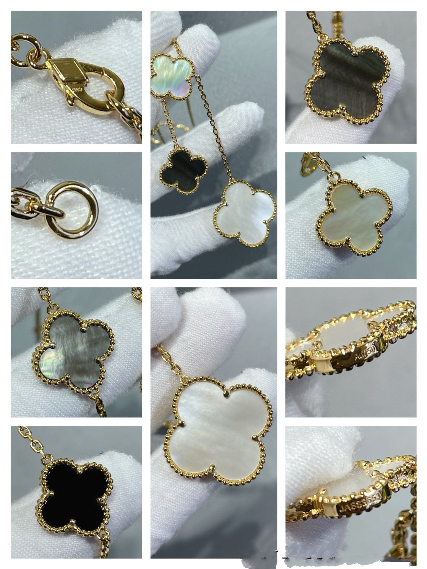 [Regal Jewels]CLOVER 6 MOTIF MOP ONYX GOLD NECKLACE