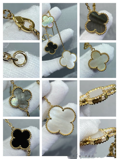 [Regal Jewels]CLOVER 6 MOTIF MOP ONYX GOLD NECKLACE