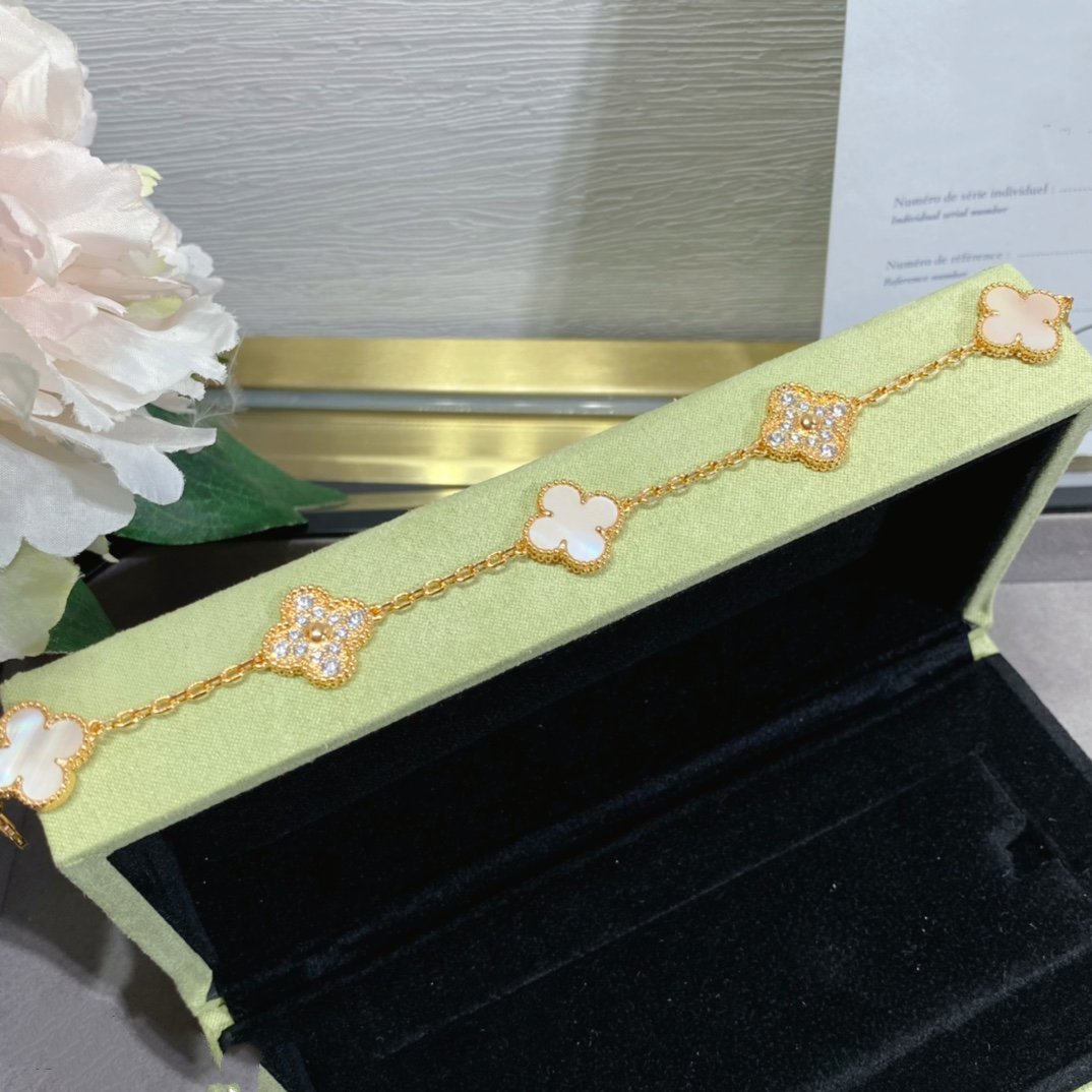[Regal Jewels]CLOVER 5 MOTIF DIAMOND PINK MOP PINK GOLD BRACELET