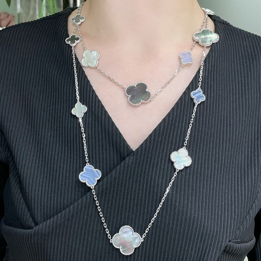 [Regal Jewels]CLOVER 16 MOTIF CHALCEDONY MOP SILVER NECKLACE