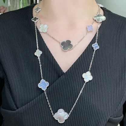 [Regal Jewels]CLOVER 16 MOTIF CHALCEDONY MOP SILVER NECKLACE
