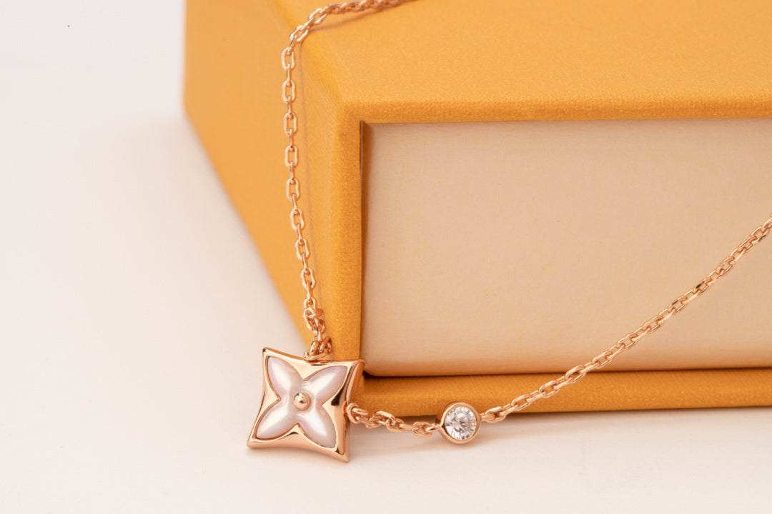 [Regal Jewels]STAR PINK MOP 1 DIAMOND PINK GOLD NECKLACE