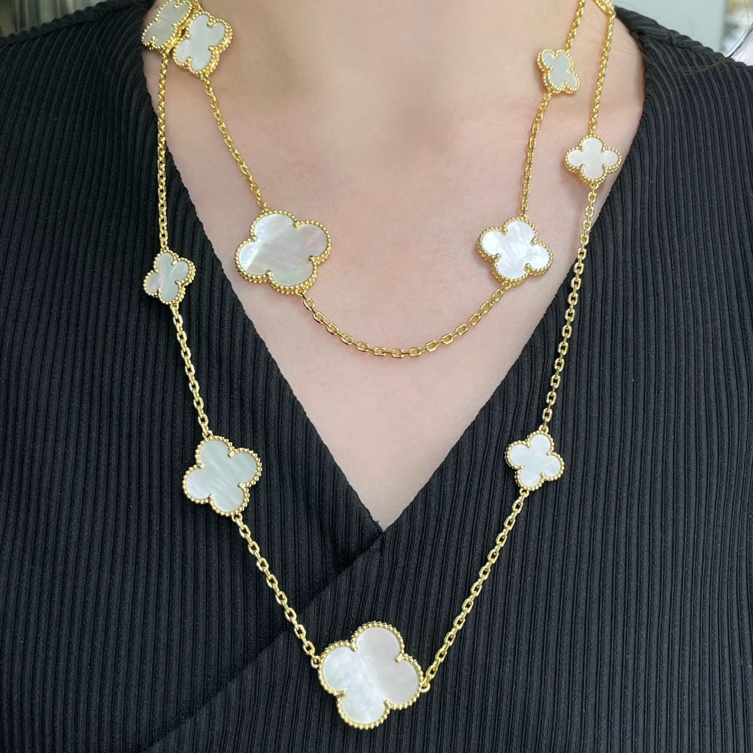 [Regal Jewels]CLOVER 16 MOTIF WHITE MOP GOLD NECKLACE