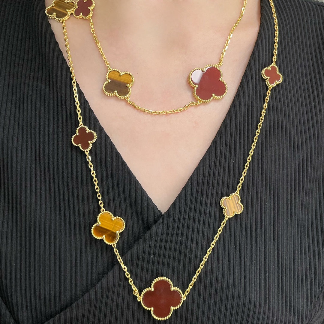 [Regal Jewels]CLOVER 16 MOTIF CARNELIAN TIGER EYE ROSE GOLD NECKLACE