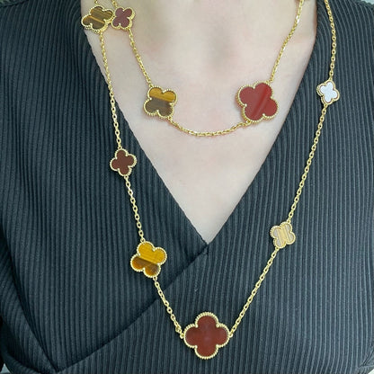 [Regal Jewels]CLOVER 16 MOTIF CARNELIAN TIGER EYE ROSE GOLD NECKLACE