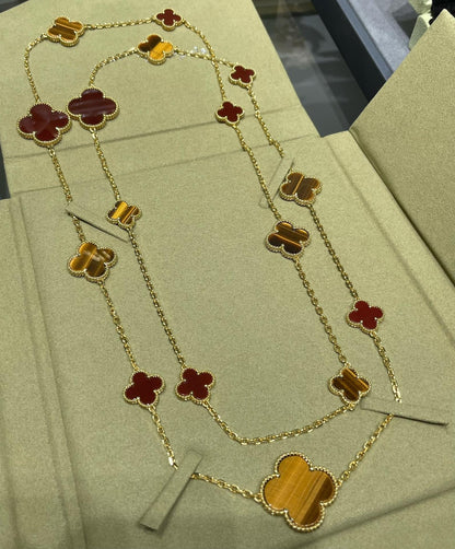 [Regal Jewels]CLOVER 16 MOTIF CARNELIAN TIGER EYE ROSE GOLD NECKLACE