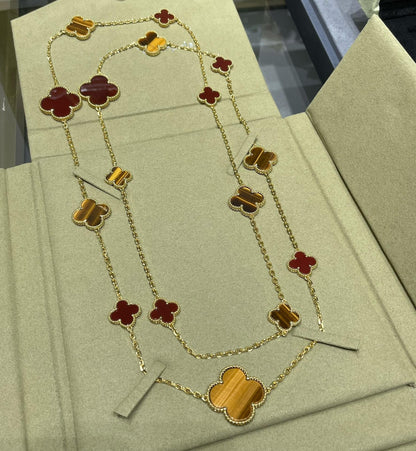 [Regal Jewels]CLOVER 16 MOTIF CARNELIAN TIGER EYE ROSE GOLD NECKLACE