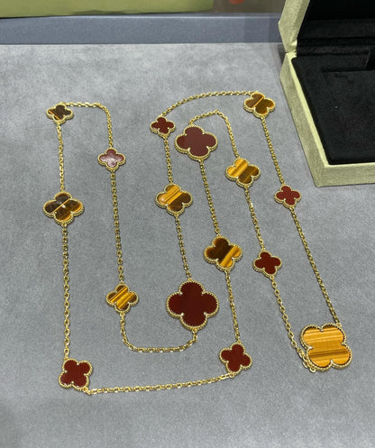 [Regal Jewels]CLOVER 16 MOTIF CARNELIAN TIGER EYE ROSE GOLD NECKLACE