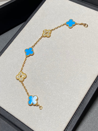 [Regal Jewels]CLOVER 5 MOTIF BLUE CHALCEDONY DIAMOND GOLD BRACELET
