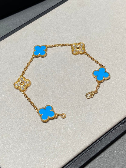 [Regal Jewels]CLOVER 5 MOTIF BLUE CHALCEDONY DIAMOND GOLD BRACELET