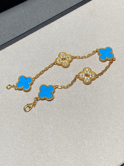 [Regal Jewels]CLOVER 5 MOTIF BLUE CHALCEDONY DIAMOND GOLD BRACELET