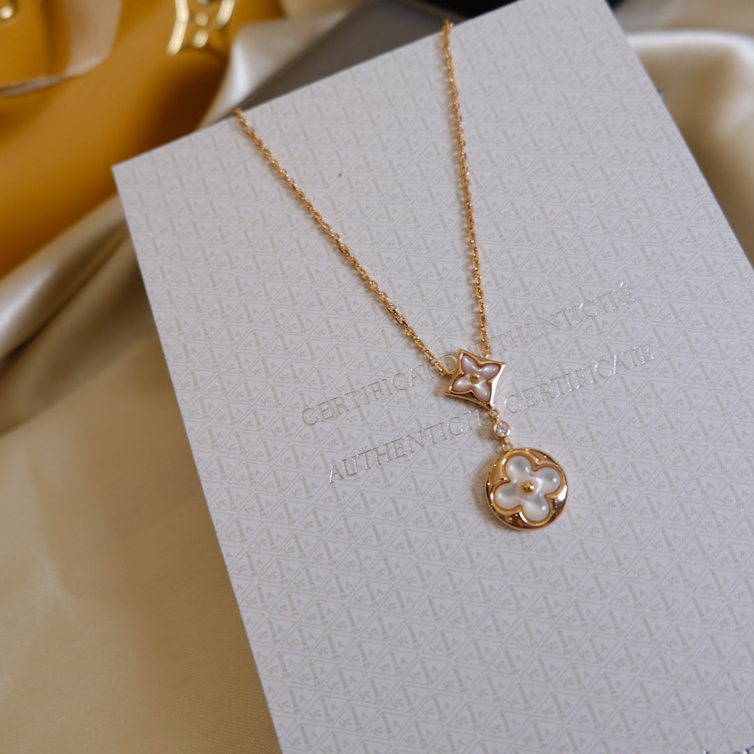 [Regal Jewels]STAR AND SUN WHITE MOP 2 MOTIF PINK GOLD NECKLACE