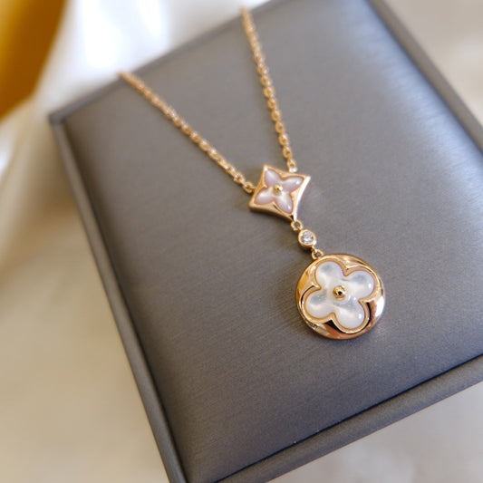 [Regal Jewels]STAR AND SUN WHITE MOP 2 MOTIF PINK GOLD NECKLACE