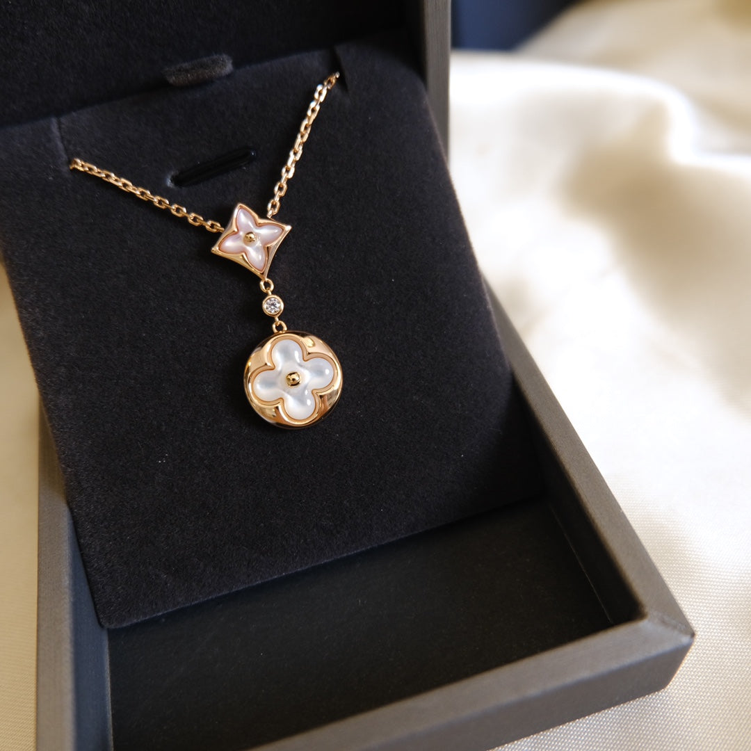 [Regal Jewels]STAR AND SUN WHITE MOP 2 MOTIF PINK GOLD NECKLACE