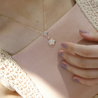 [Regal Jewels]STAR AND SUN WHITE MOP 2 MOTIF PINK GOLD NECKLACE
