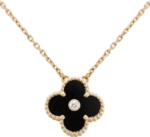 [Regal Jewels]CLOVER 15MM DIAMOND ONYX NECKLACE