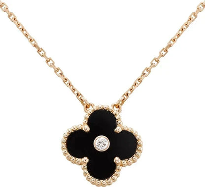 [Regal Jewels]CLOVER 15MM DIAMOND ONYX NECKLACE