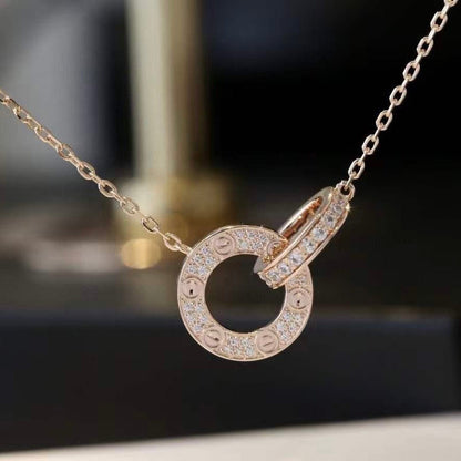 [Regal Jewels]LOVE 7.6MM NECKLACE ROSE GOLD AND SILVER  FULL DIAMOND