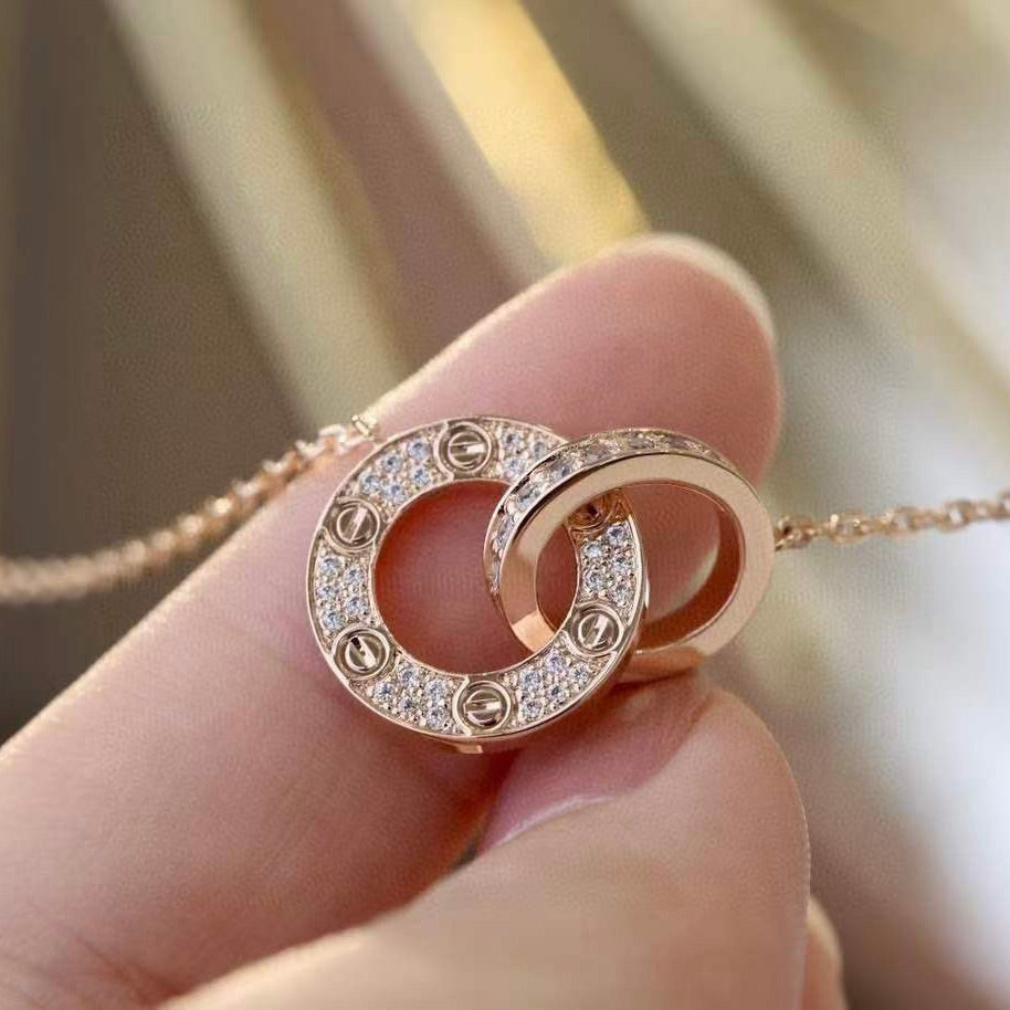 [Regal Jewels]LOVE 7.6MM NECKLACE ROSE GOLD AND SILVER  FULL DIAMOND