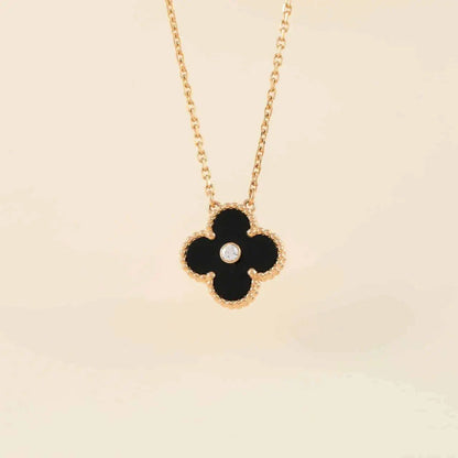 [Regal Jewels]CLOVER 15MM DIAMOND ONYX NECKLACE