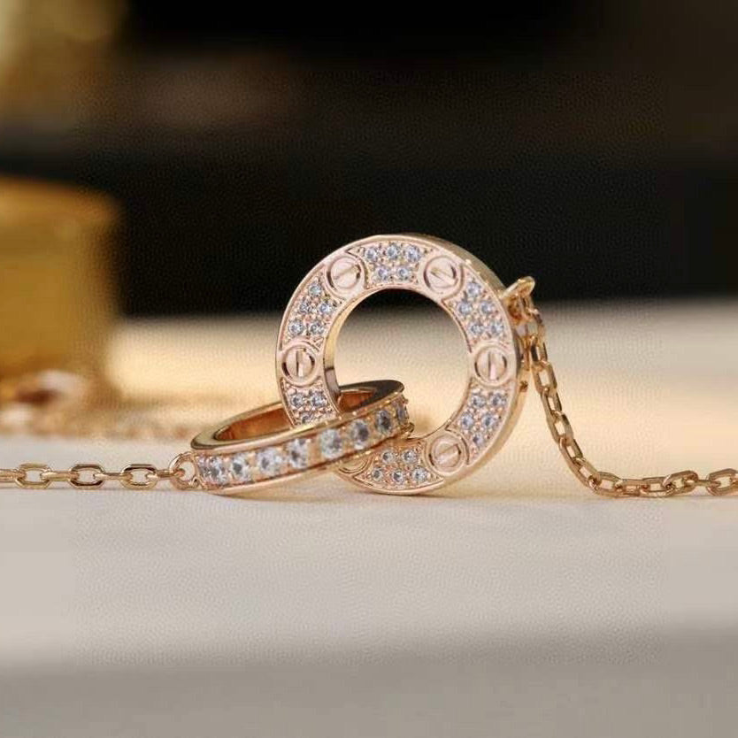 [Regal Jewels]LOVE 7.6MM NECKLACE ROSE GOLD AND SILVER  FULL DIAMOND