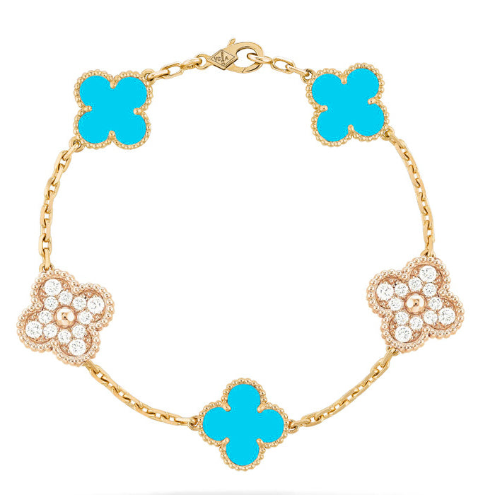 [Regal Jewels]CLOVER 5 MOTIF TURQUOISE DIAMOND GOLD BRACELET