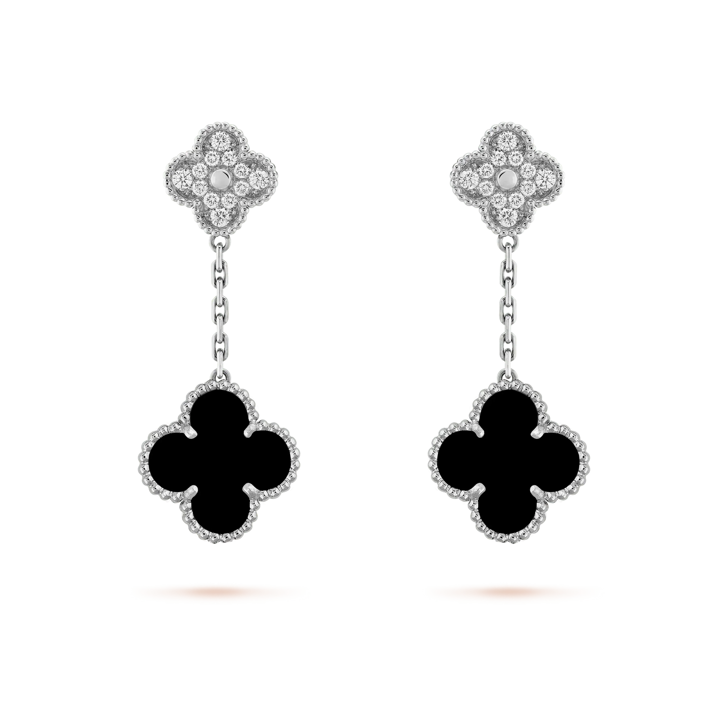 [Regal Jewels]CLOVER 2 MOTIFS  DIAMOND ONYX EARRINGS SILVER