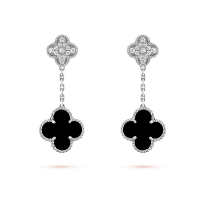 [Regal Jewels]CLOVER 2 MOTIFS  DIAMOND ONYX EARRINGS SILVER