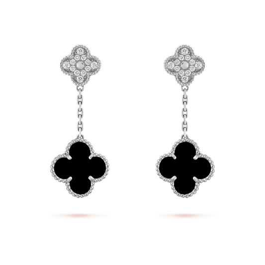 [Regal Jewels]CLOVER 2 MOTIFS  DIAMOND ONYX EARRINGS SILVER