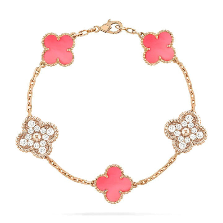 [Regal Jewels]CLOVER 5 MOTIF DIAMOND PINK MOP PINK GOLD BRACELET