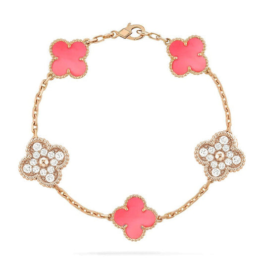 [Regal Jewels]CLOVER 5 MOTIF DIAMOND PINK MOP PINK GOLD BRACELET