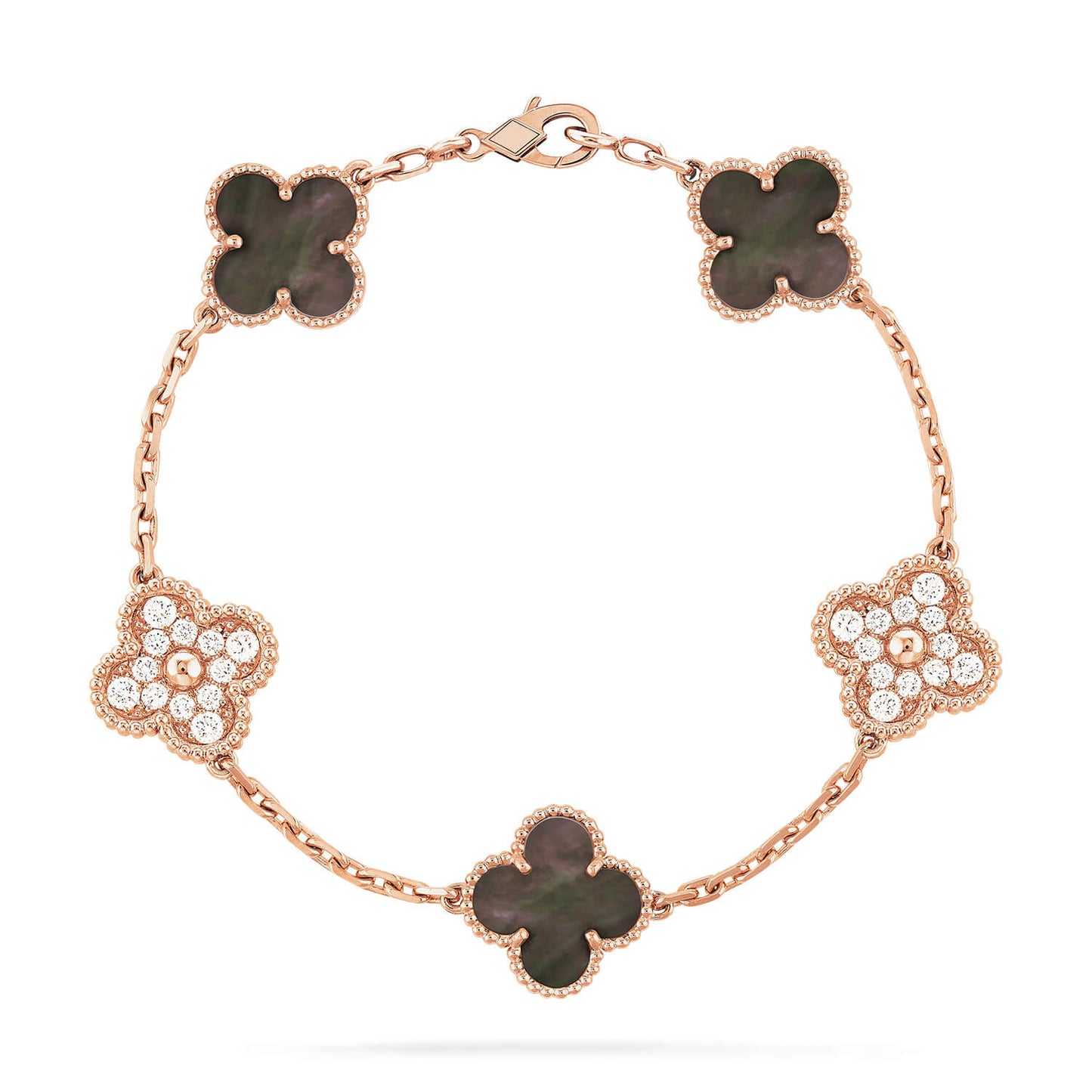 [Regal Jewels]CLOVER 5 MOTIFS DARK MOP AND DIAMONDS PINK GOLD BRACELET