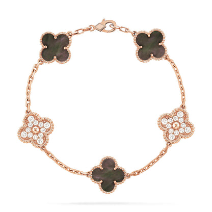 [Regal Jewels]CLOVER 5 MOTIFS DARK MOP AND DIAMONDS PINK GOLD BRACELET