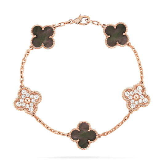 [Regal Jewels]CLOVER 5 MOTIFS DARK MOP AND DIAMONDS PINK GOLD BRACELET