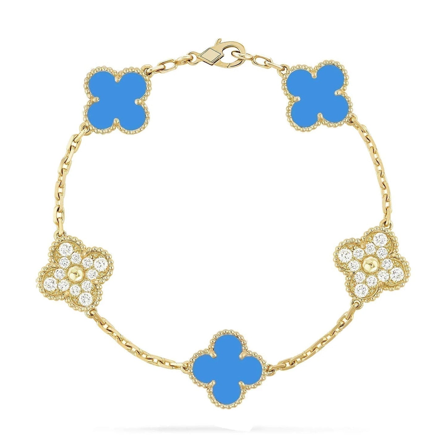 [Regal Jewels]CLOVER 5 MOTIF BLUE CHALCEDONY DIAMOND GOLD BRACELET
