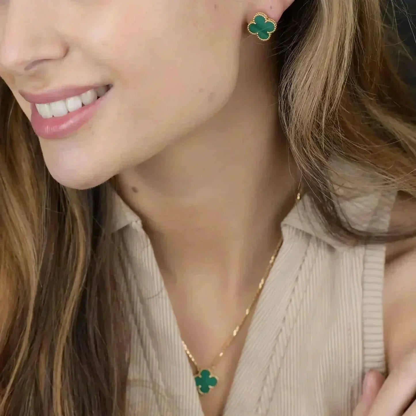 [Regal Jewels]CLOVER MINI 9.5MM MALACHITE  EARRINGS