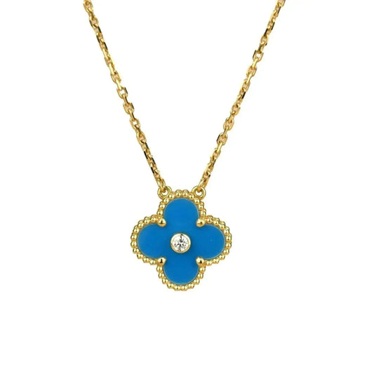 [Regal Jewels]CLOVER 15MM DIAMOND AND BLUE AGATE NECKLACE