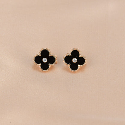 [Regal Jewels]CLOVER MEDIUM 1 MOTIFS ONYX DIAMOND EARRINGS