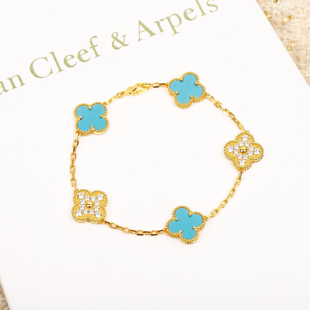 [Regal Jewels]CLOVER 5 MOTIF TURQUOISE DIAMOND GOLD BRACELET