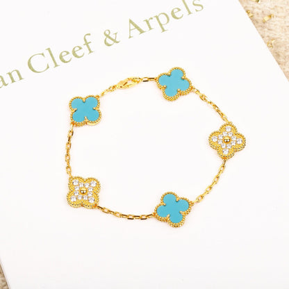 [Regal Jewels]CLOVER 5 MOTIF TURQUOISE DIAMOND GOLD BRACELET