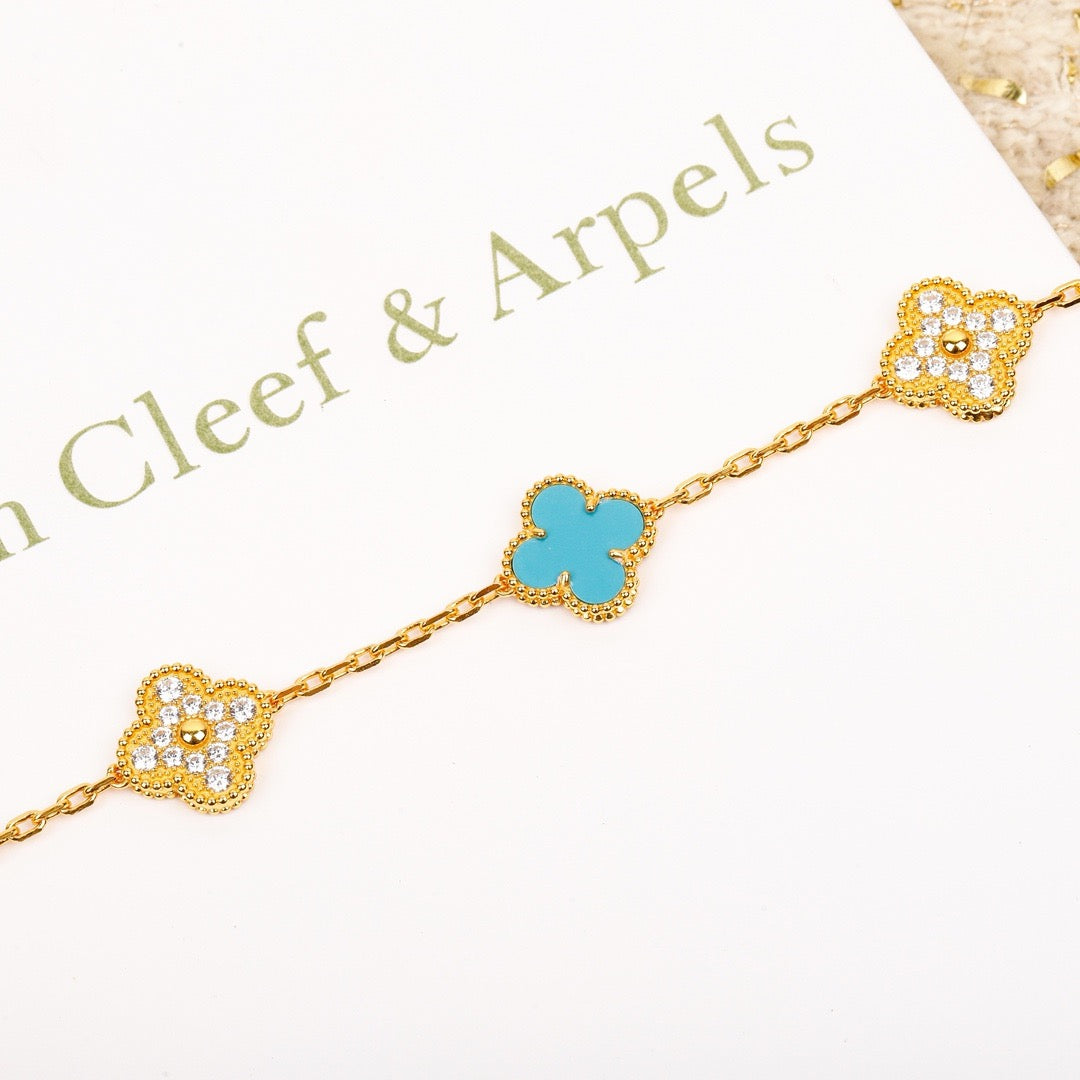 [Regal Jewels]CLOVER 5 MOTIF TURQUOISE DIAMOND GOLD BRACELET