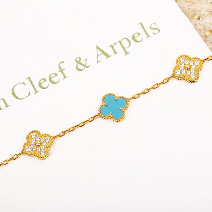 [Regal Jewels]CLOVER 5 MOTIF TURQUOISE DIAMOND GOLD BRACELET