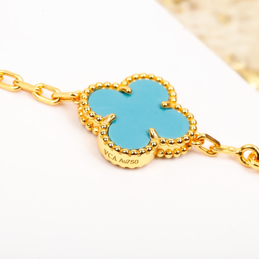 [Regal Jewels]CLOVER 5 MOTIF TURQUOISE DIAMOND GOLD BRACELET