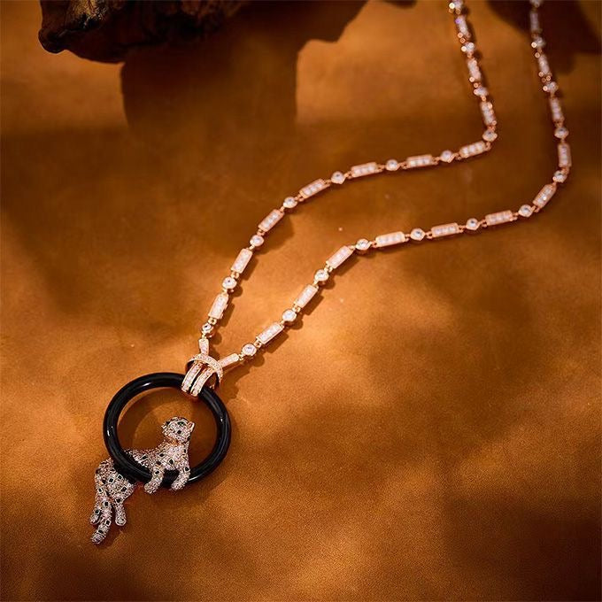 [Regal Jewels]NEW BLACK CIRCLE PANTHER FULL DIAMOND NECKLACE