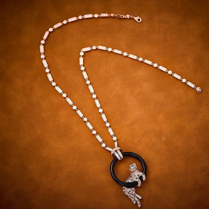 [Regal Jewels]NEW BLACK CIRCLE PANTHER FULL DIAMOND NECKLACE