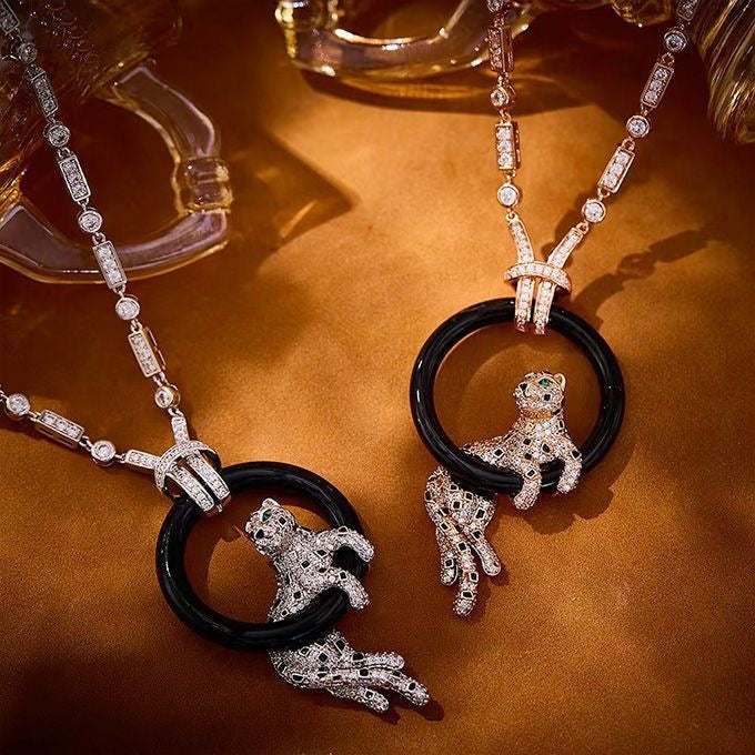 [Regal Jewels]NEW BLACK CIRCLE PANTHER FULL DIAMOND NECKLACE