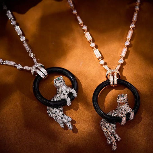 [Regal Jewels]NEW BLACK CIRCLE PANTHER FULL DIAMOND NECKLACE