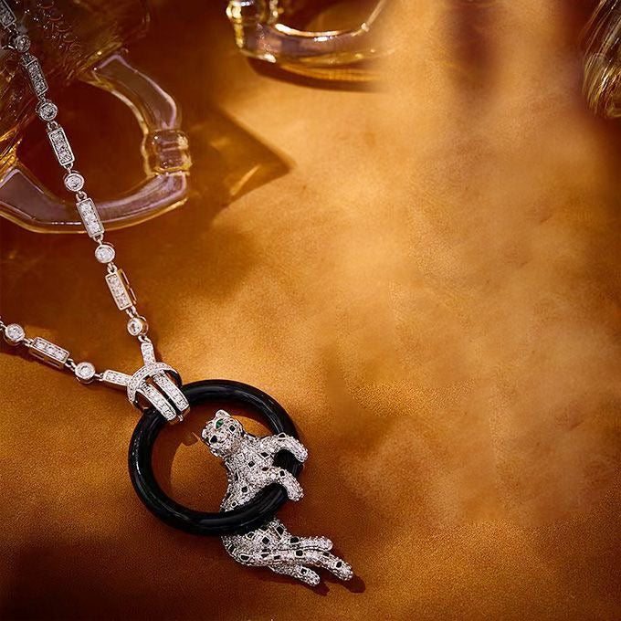 [Regal Jewels]NEW BLACK CIRCLE PANTHER FULL DIAMOND NECKLACE