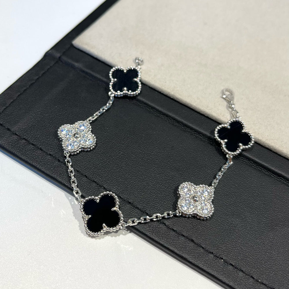 [Regal Jewels]CLOVER 5 MOTIF ONYXS DIAMOND BRACELET SILVER
