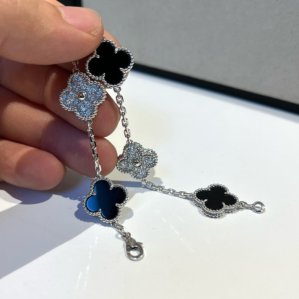 [Regal Jewels]CLOVER 5 MOTIF ONYXS DIAMOND BRACELET SILVER